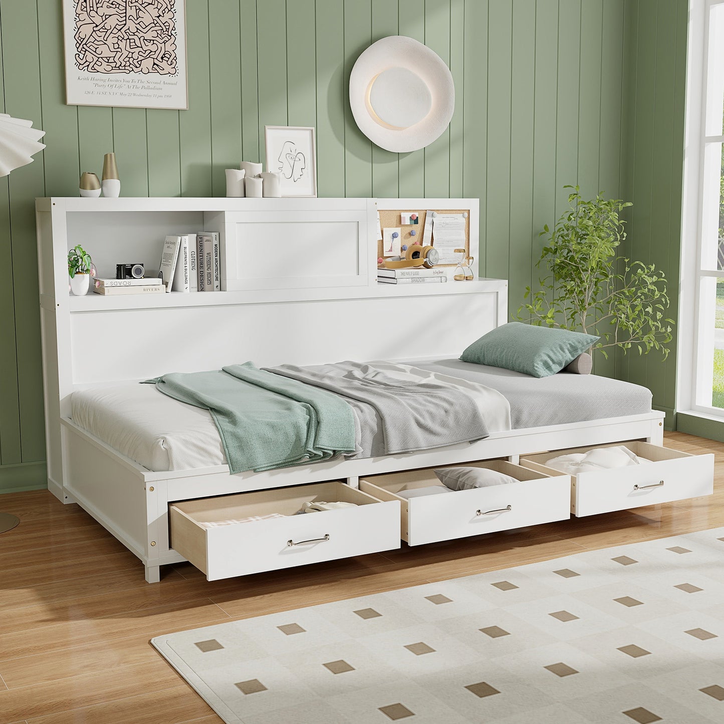Twin/Full Size Wooden Daybed with 3 Drawers with Storage Shelves-Full Size Kids Crystal
