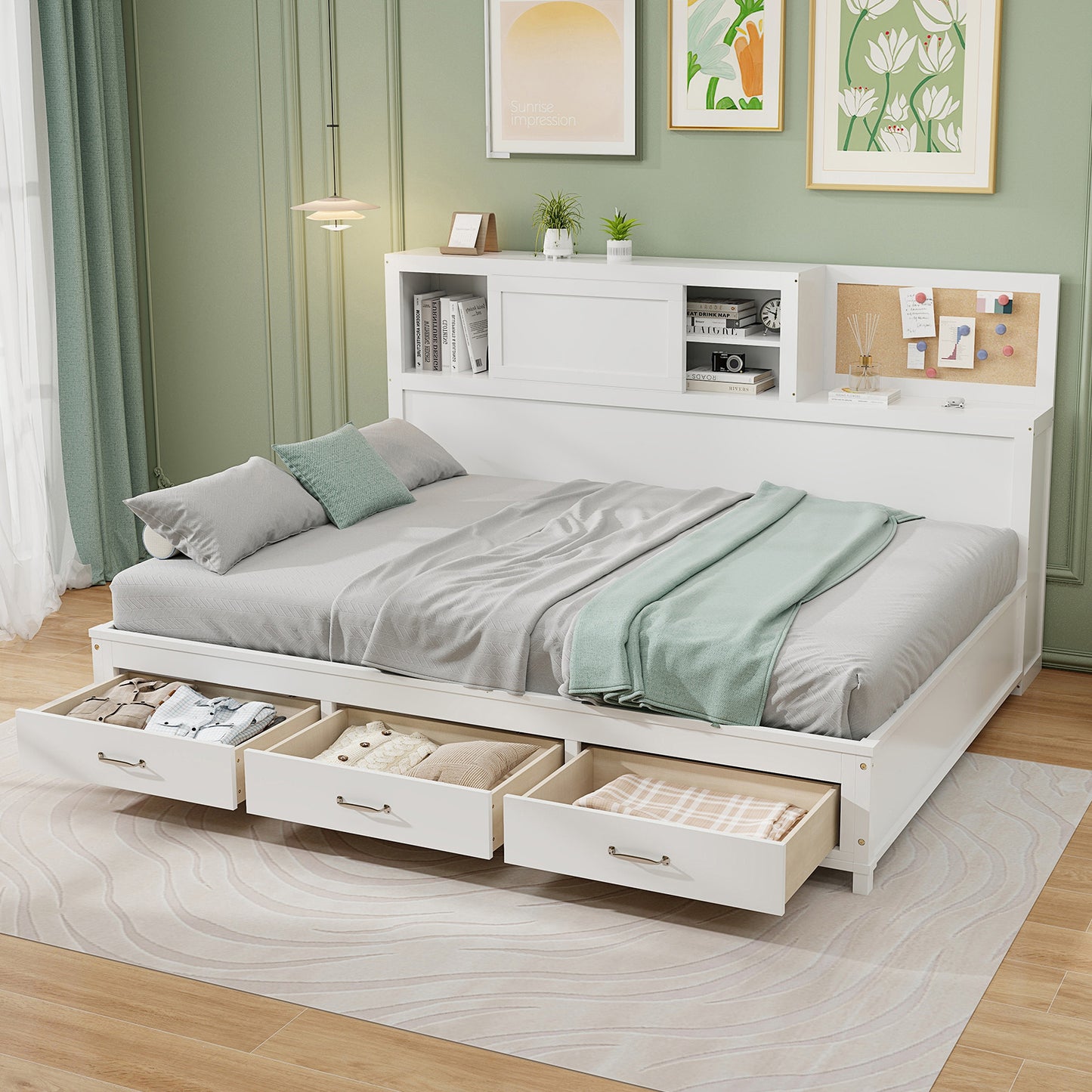 Twin/Full Size Wooden Daybed with 3 Drawers with Storage Shelves-Twin Size Kids Crystal