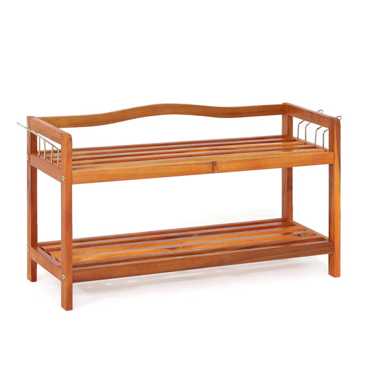 2-Tier Acacia Wood Shoe Rack with 4 Side Metal Hooks Kids Crystal