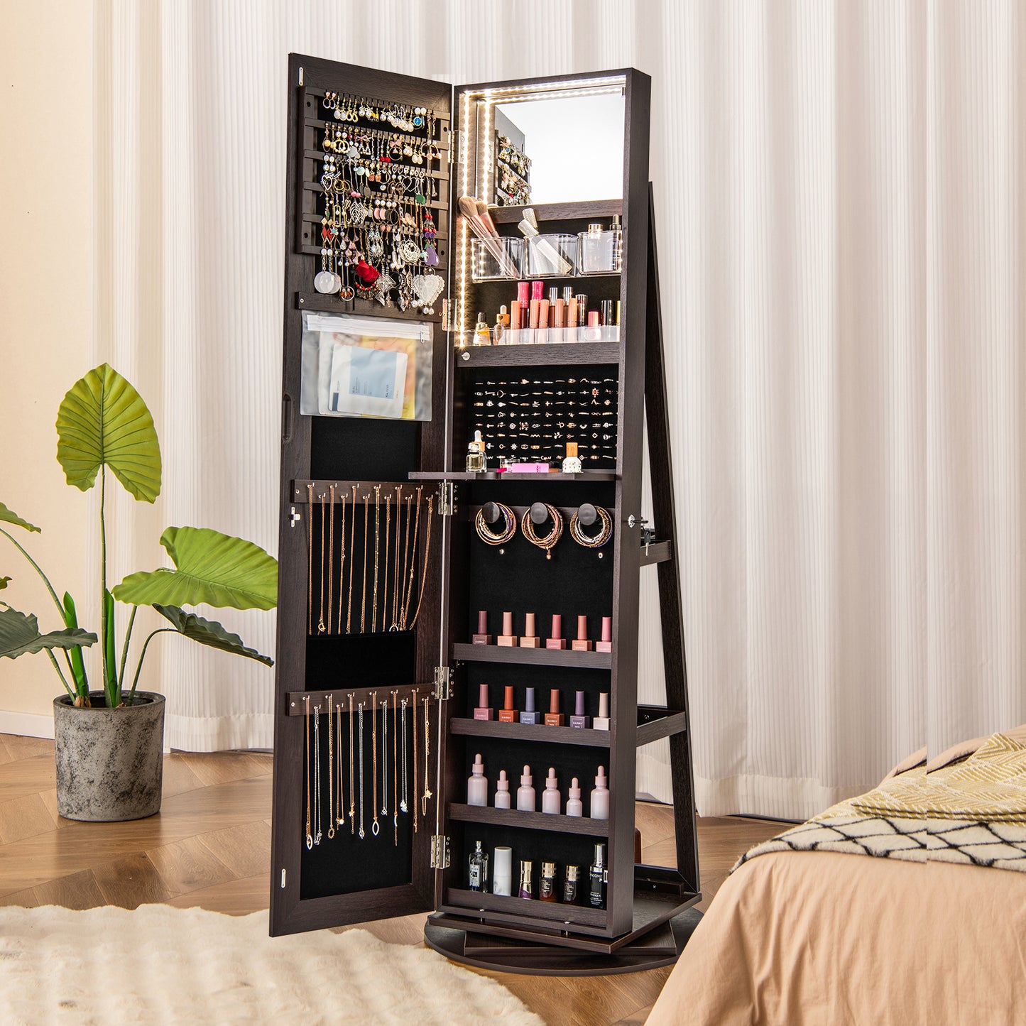 360° Rotating Mirrored Jewelry Cabinet Armoire 3 Color LED Modes Lockable-Espresso Kids Crystal
