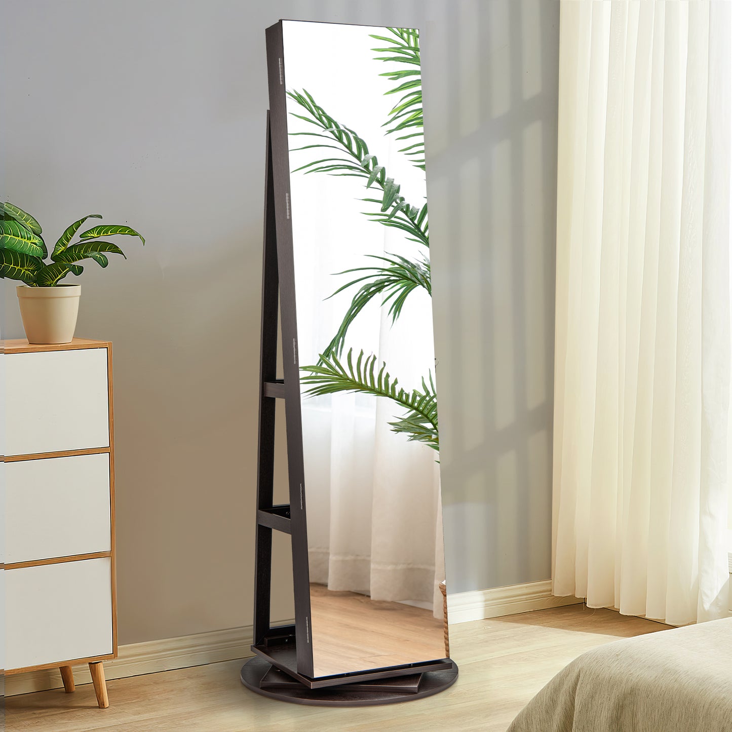 360° Rotating Mirrored Jewelry Cabinet Armoire 3 Color LED Modes Lockable-Espresso Kids Crystal