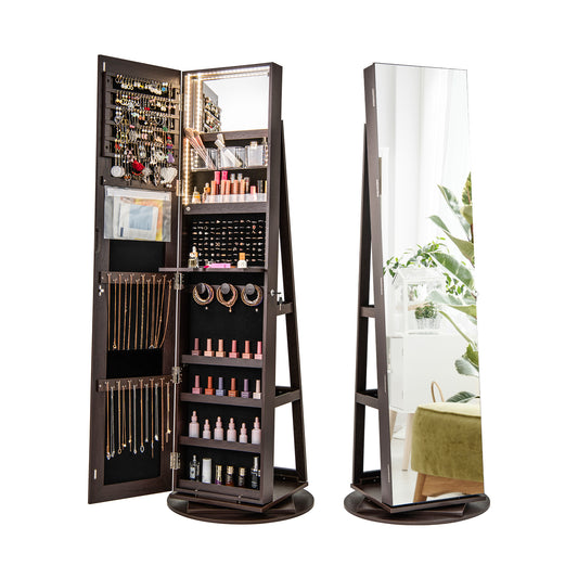 360° Rotating Mirrored Jewelry Cabinet Armoire 3 Color LED Modes Lockable-Espresso Kids Crystal