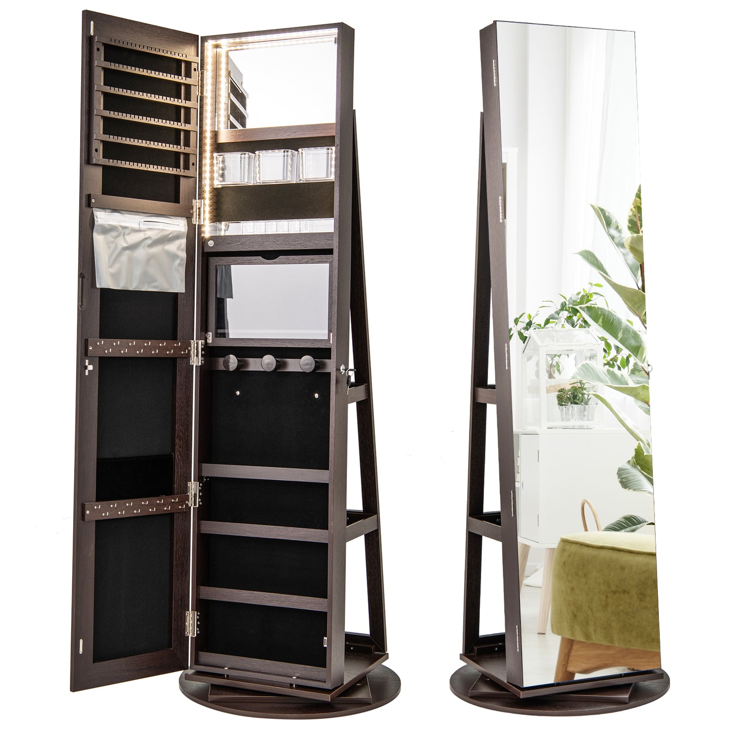 360° Rotating Mirrored Jewelry Cabinet Armoire 3 Color LED Modes Lockable-Espresso Kids Crystal