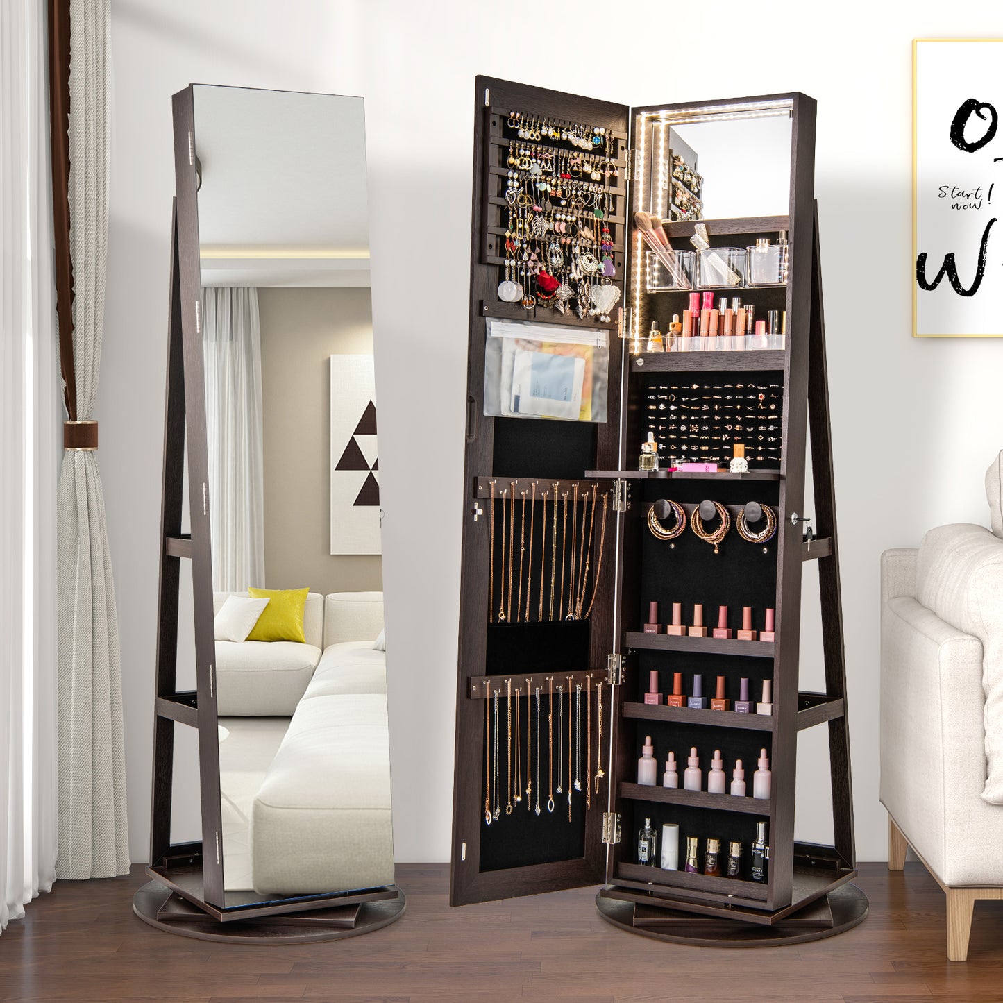 360° Rotating Mirrored Jewelry Cabinet Armoire 3 Color LED Modes Lockable-Espresso Kids Crystal