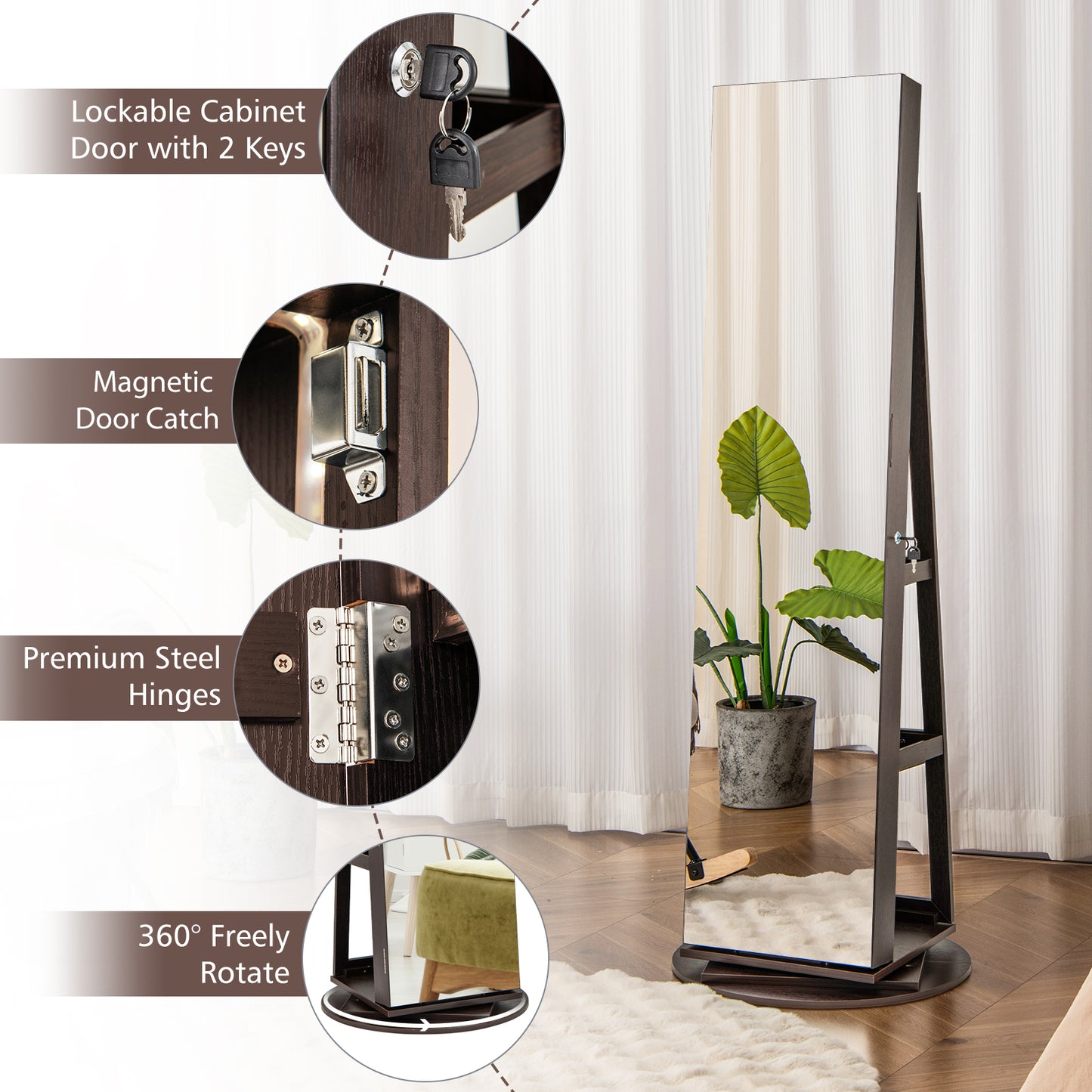 360° Rotating Mirrored Jewelry Cabinet Armoire 3 Color LED Modes Lockable-Espresso Kids Crystal