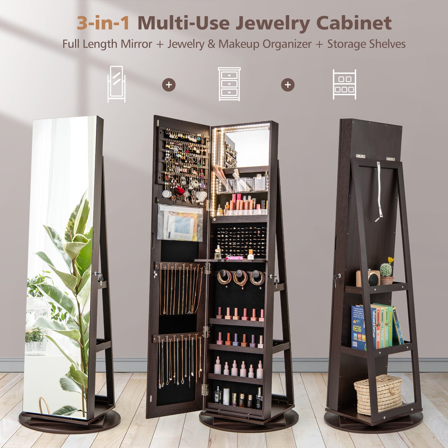 360° Rotating Mirrored Jewelry Cabinet Armoire 3 Color LED Modes Lockable-Espresso Kids Crystal