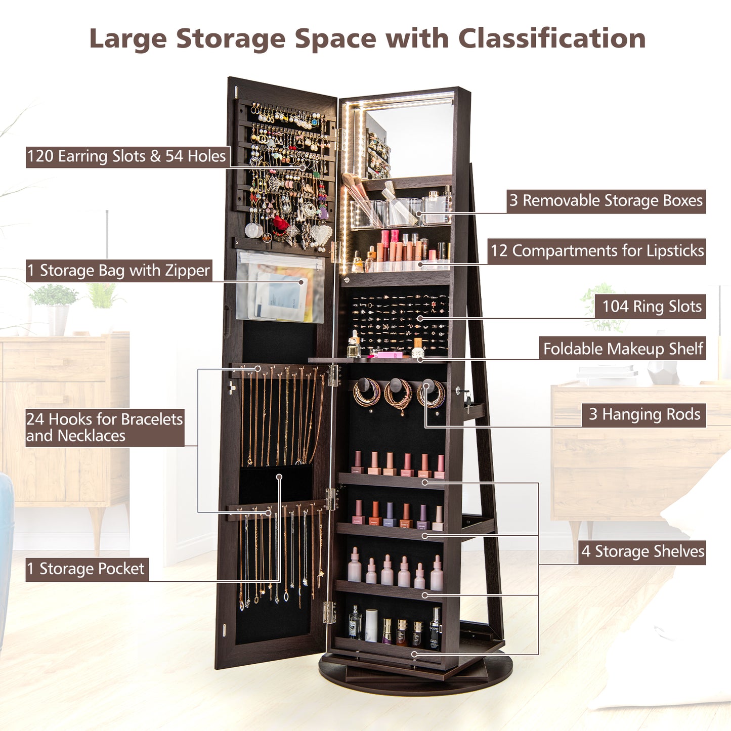 360° Rotating Mirrored Jewelry Cabinet Armoire 3 Color LED Modes Lockable-Espresso Kids Crystal