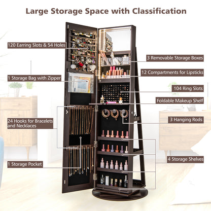 360° Rotating Mirrored Jewelry Cabinet Armoire 3 Color LED Modes Lockable-Espresso