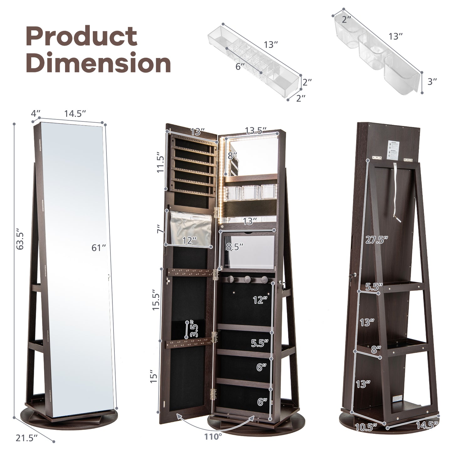 360° Rotating Mirrored Jewelry Cabinet Armoire 3 Color LED Modes Lockable-Espresso Kids Crystal