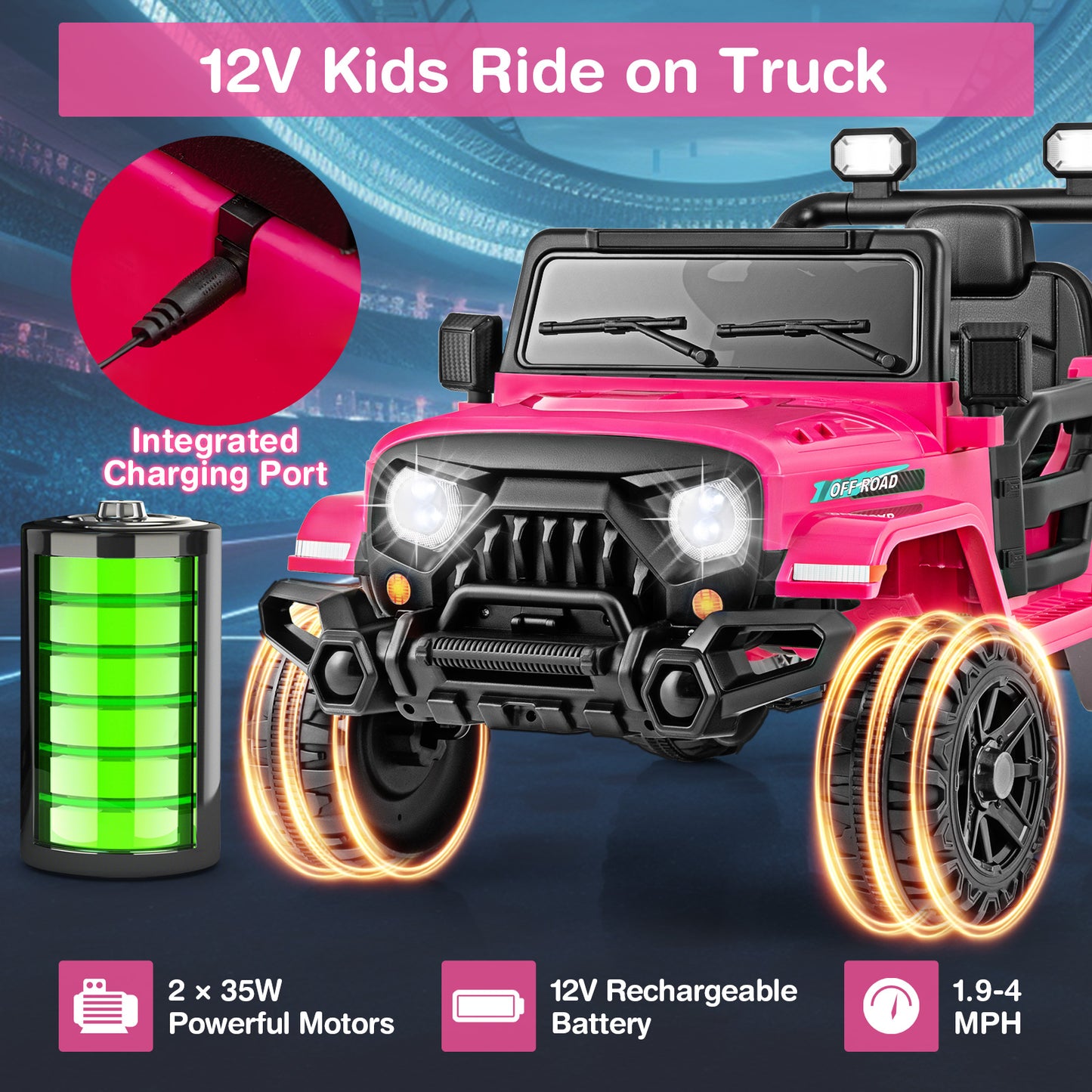 12V Kids Ride on Truck Car with Remote Control Threaded Wheels and 3 Speeds-Pink