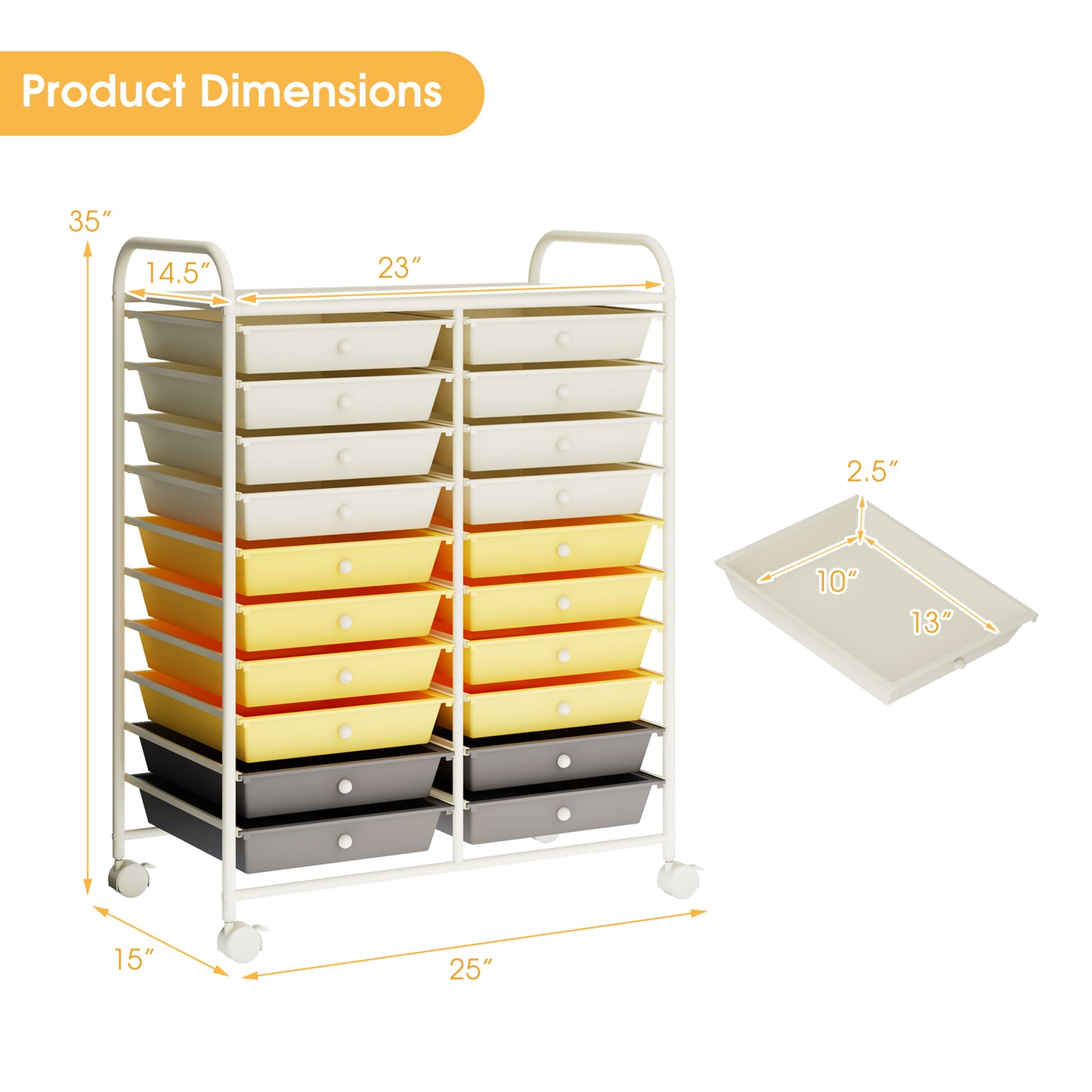 20 Drawers Storage Rolling Cart Studio Organizer-Yellow Kids Crystal