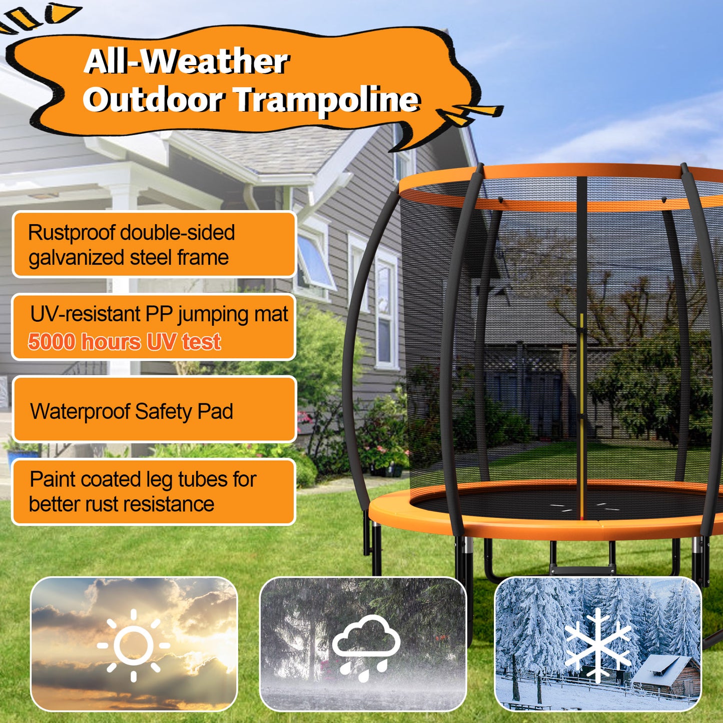 8 Feet ASTM Approved Recreational Trampoline with Ladder-Orange Kids Crystal