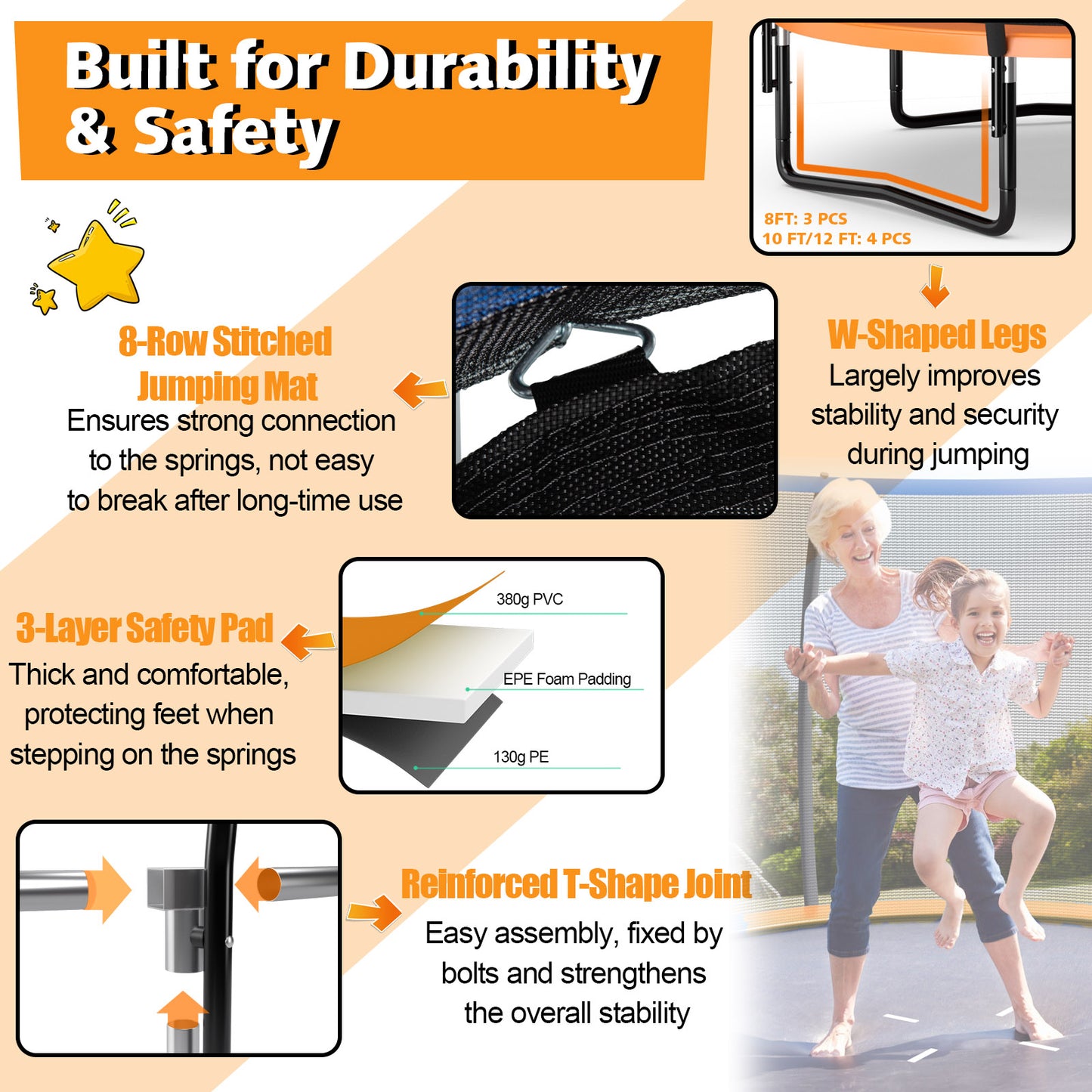 8 Feet ASTM Approved Recreational Trampoline with Ladder-Orange Kids Crystal