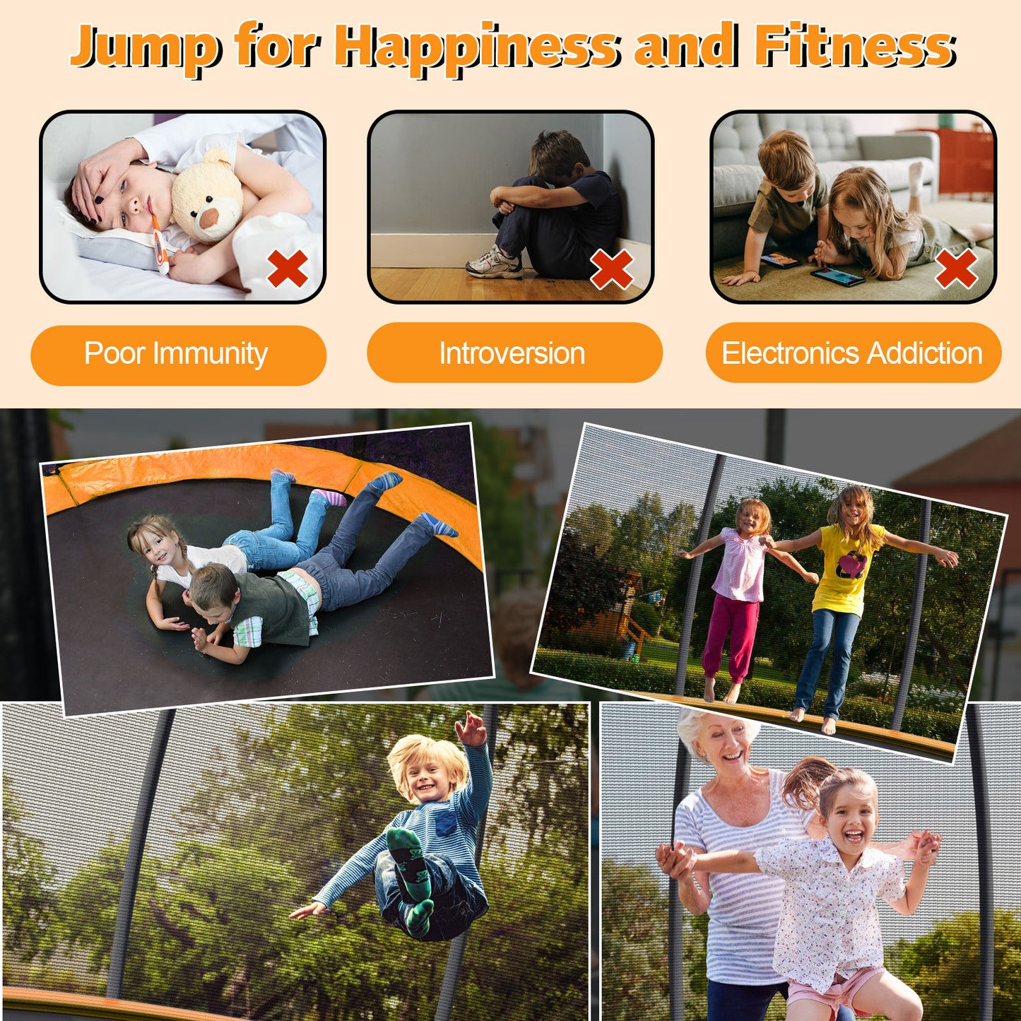 8 Feet ASTM Approved Recreational Trampoline with Ladder-Orange Kids Crystal