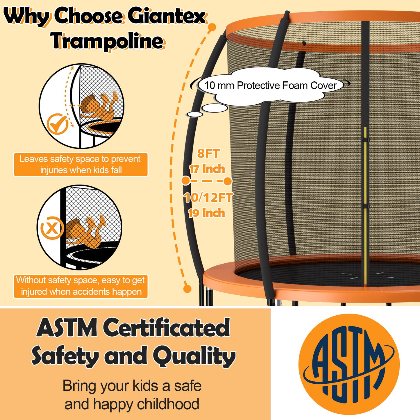 10 Feet ASTM Approved Recreational Trampoline with Ladder-Orange Kids Crystal