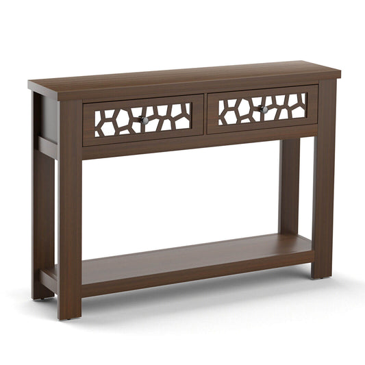 2-Tier Console Table with Drawers and Open Storage Shelf-Brown Kids Crystal