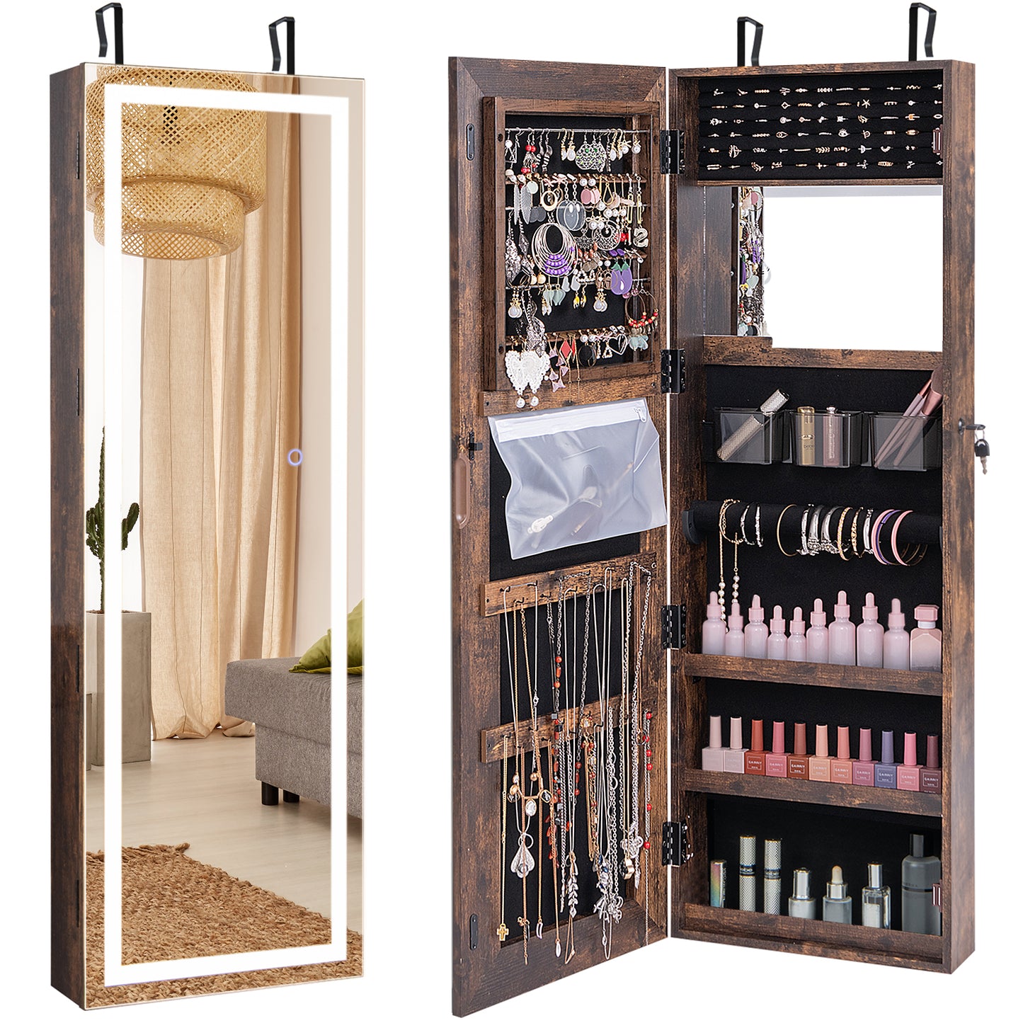 Mirrored Jewelry Armoire with Full Length Mirror and 2 Internal LED Lights-Rustic Brown Kids Crystal