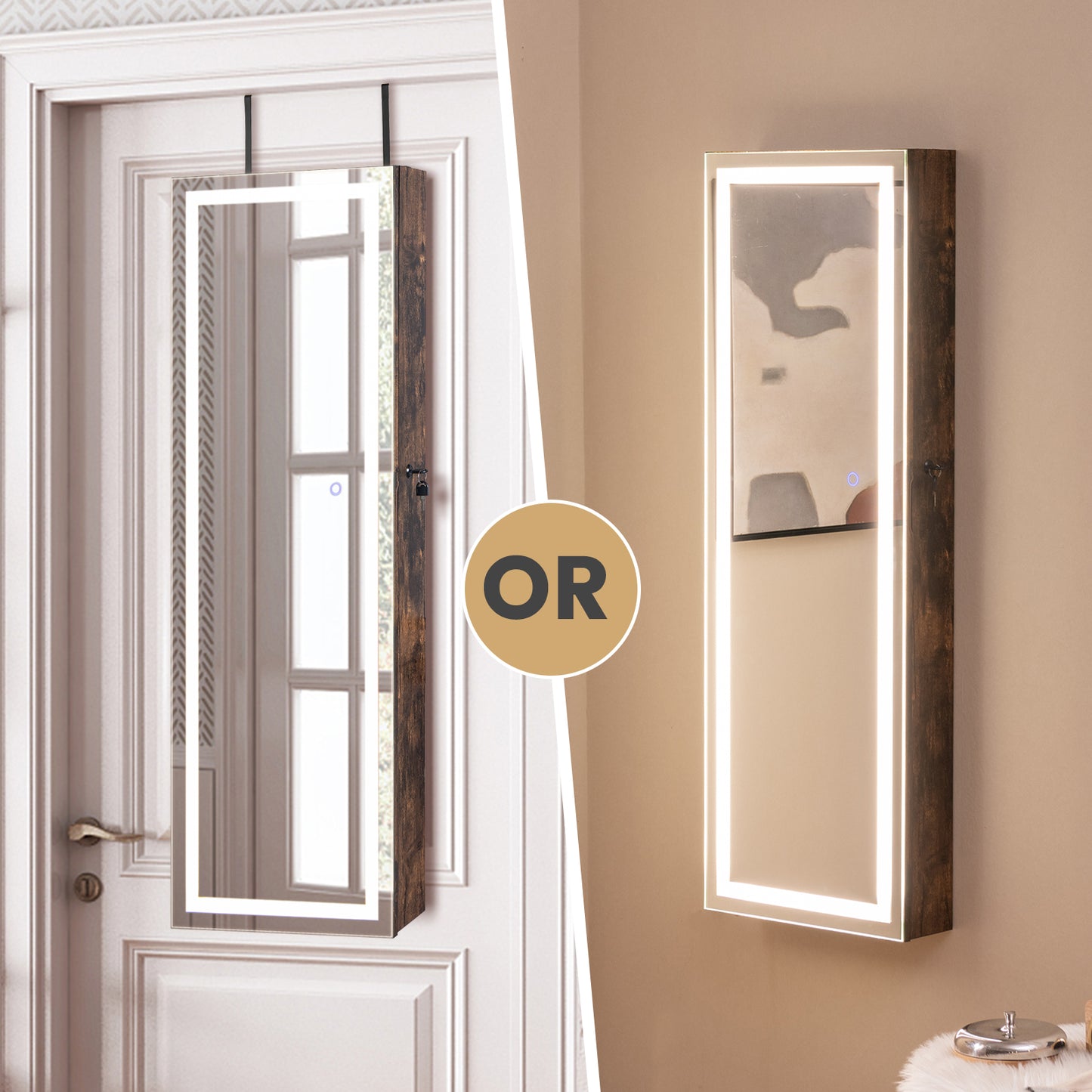 Mirrored Jewelry Armoire with Full Length Mirror and 2 Internal LED Lights-Rustic Brown Kids Crystal