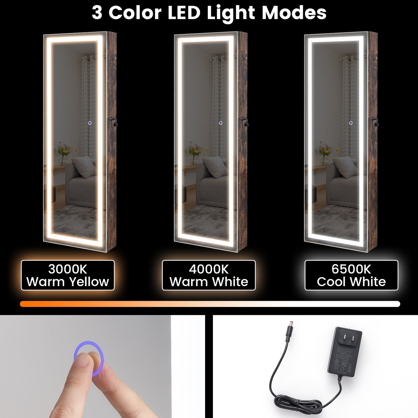 Mirrored Jewelry Armoire with Full Length Mirror and 2 Internal LED Lights-Rustic Brown Kids Crystal