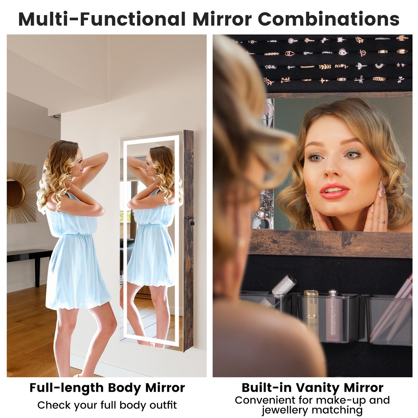 Mirrored Jewelry Armoire with Full Length Mirror and 2 Internal LED Lights-Rustic Brown Kids Crystal