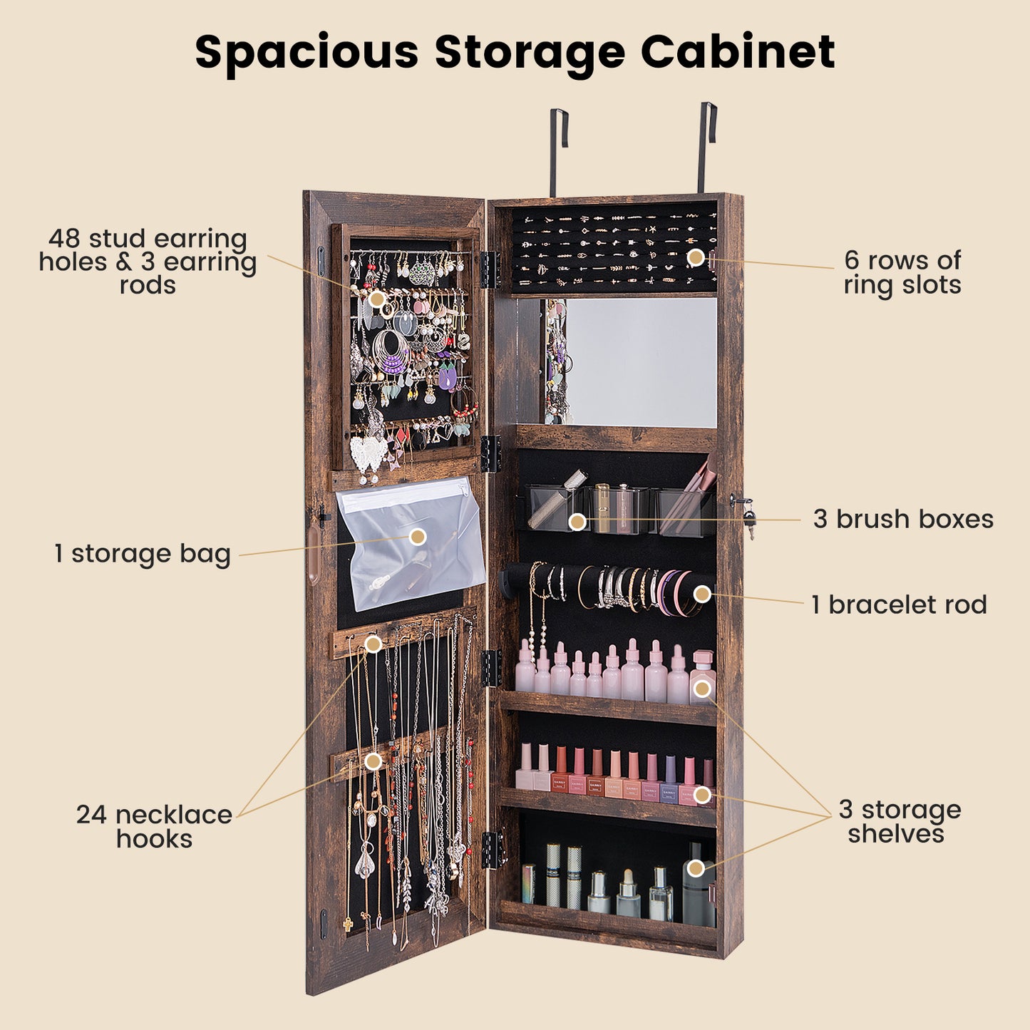 Mirrored Jewelry Armoire with Full Length Mirror and 2 Internal LED Lights-Rustic Brown Kids Crystal
