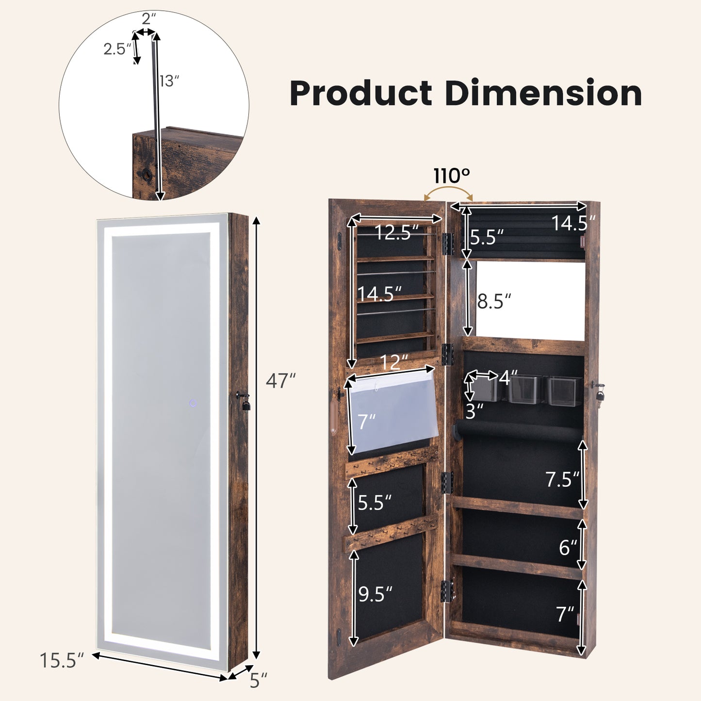 Mirrored Jewelry Armoire with Full Length Mirror and 2 Internal LED Lights-Rustic Brown Kids Crystal
