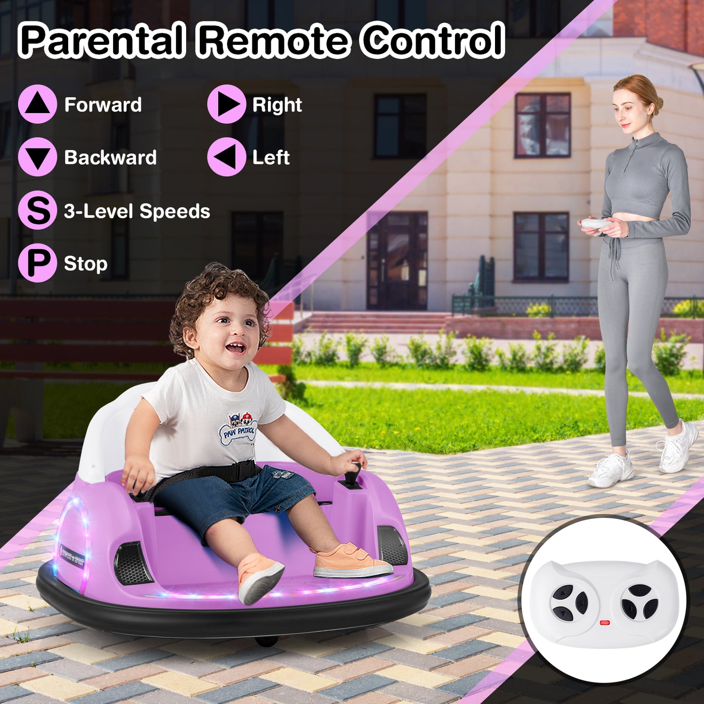 12V 360° Ride on Bumper Car for Toddlers with Remote Control-Pink
