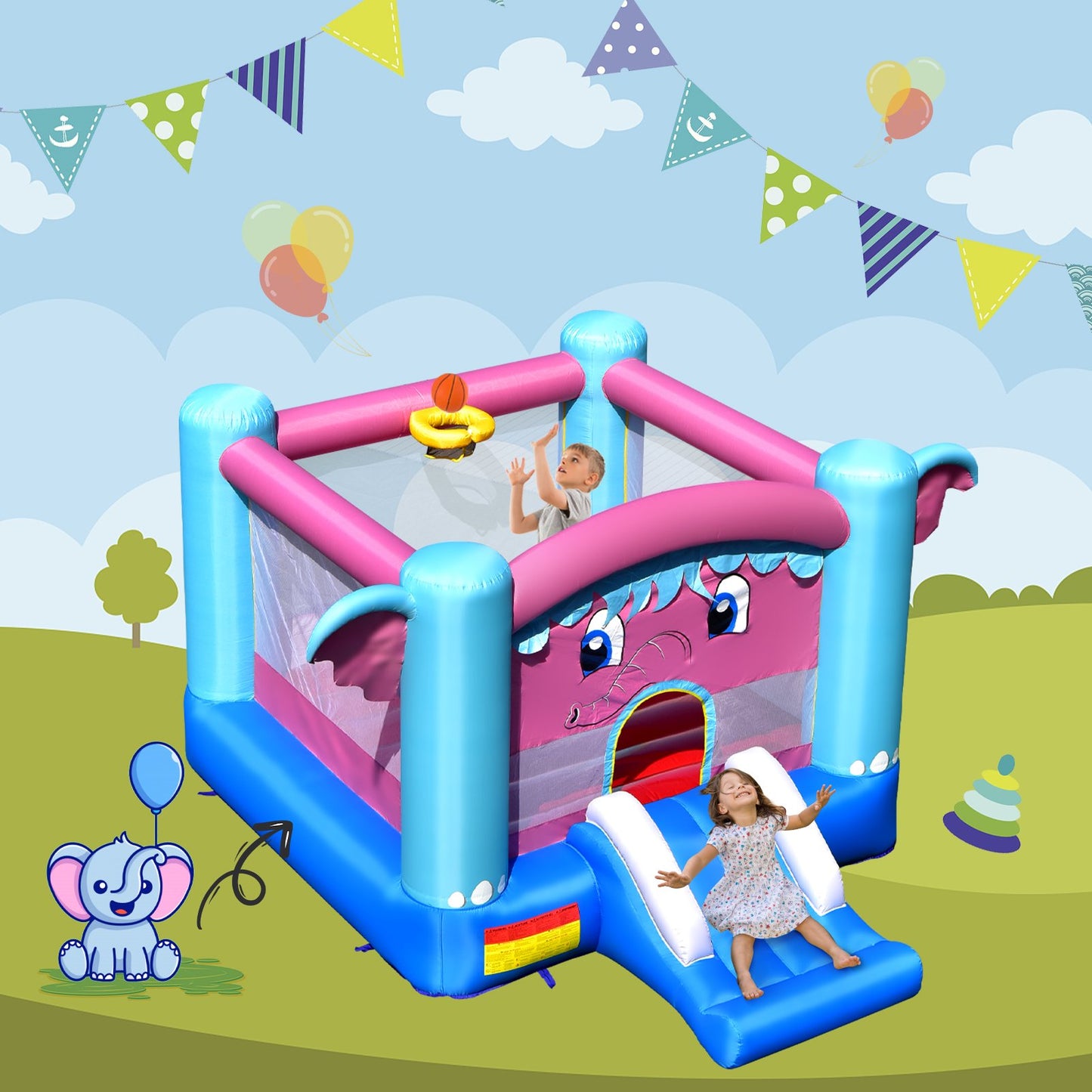 3-in-1 Elephant Theme Inflatable Castle without Blower Kids Crystal