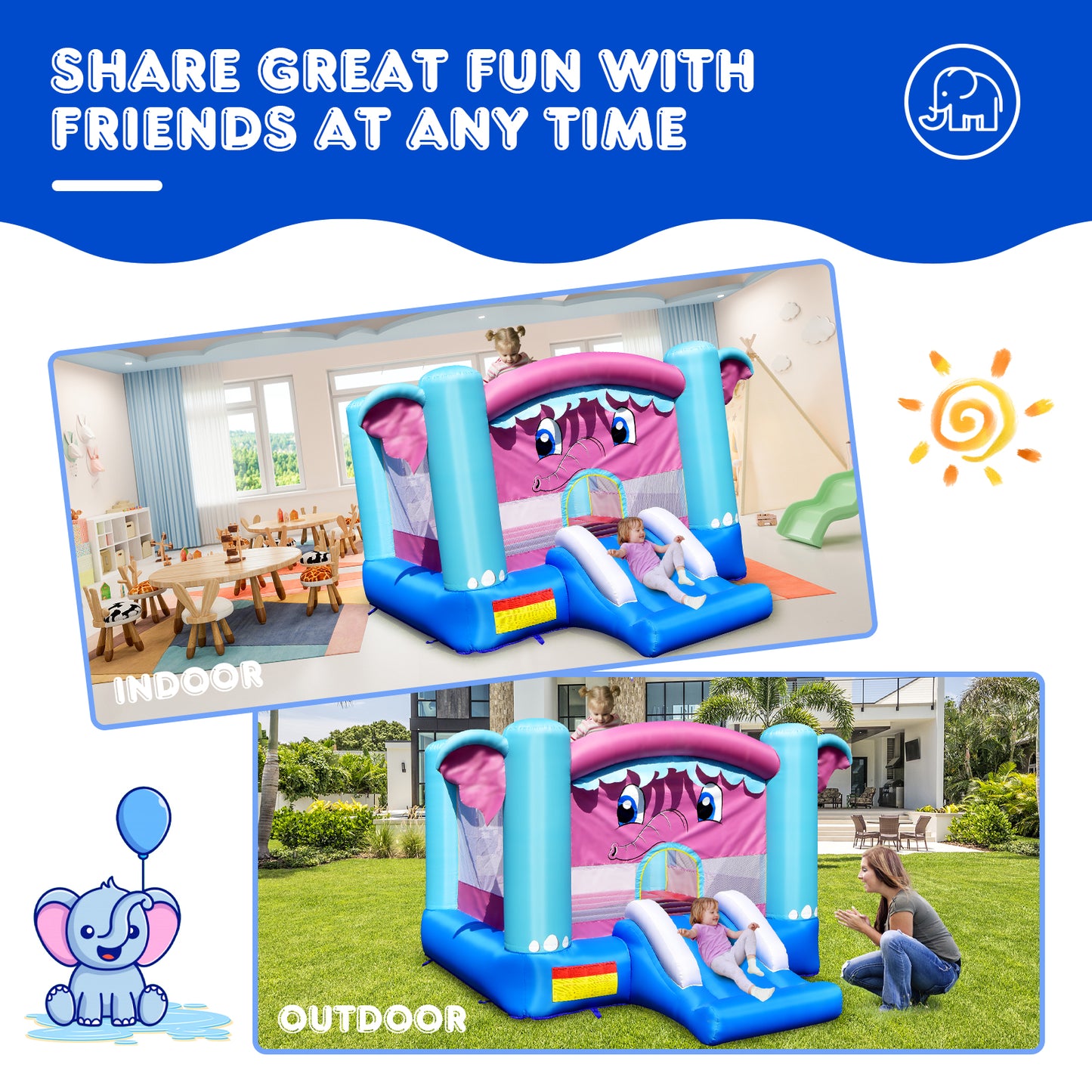 3-in-1 Elephant Theme Inflatable Castle without Blower Kids Crystal