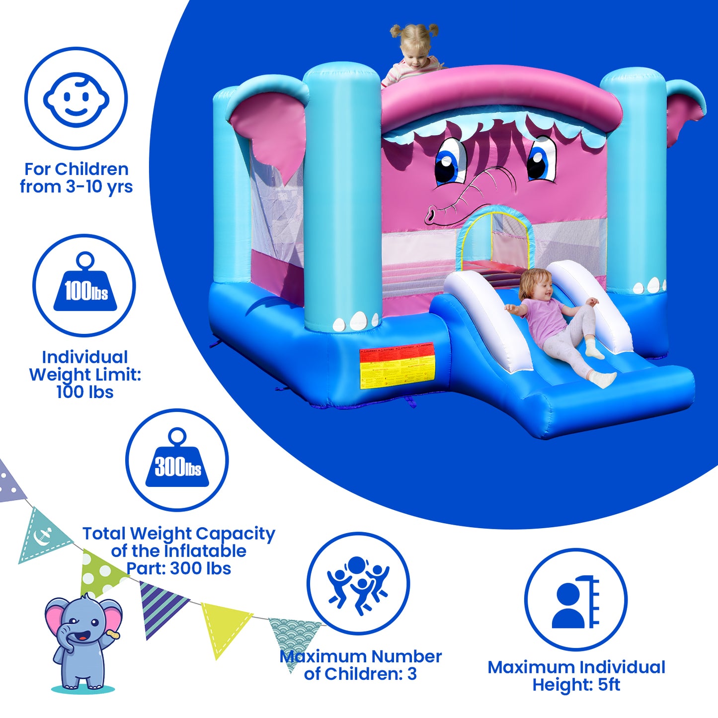 3-in-1 Elephant Theme Inflatable Castle without Blower Kids Crystal