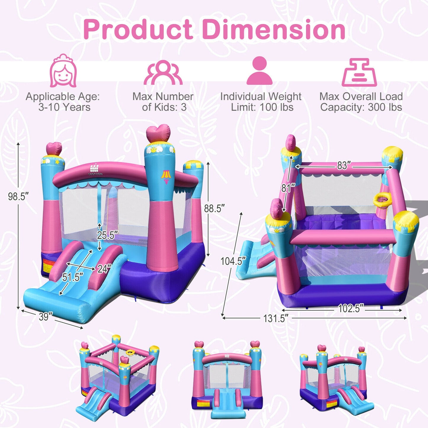 3-in-1 Princess Theme Inflatable Castle without Blower Kids Crystal