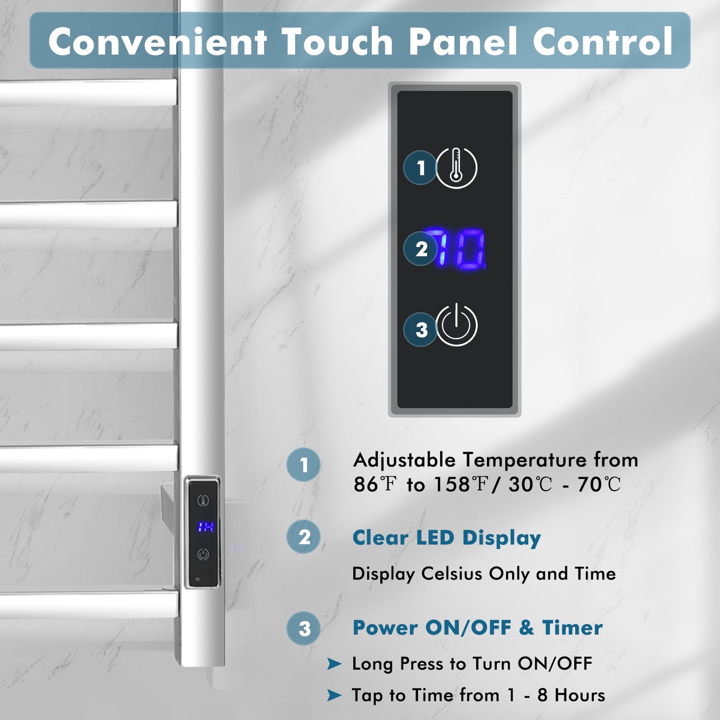 10 Bar Towel Warmer Wall Mounted Electric Heated Towel Rack with Built-in Timer-Silver Kids Crystal