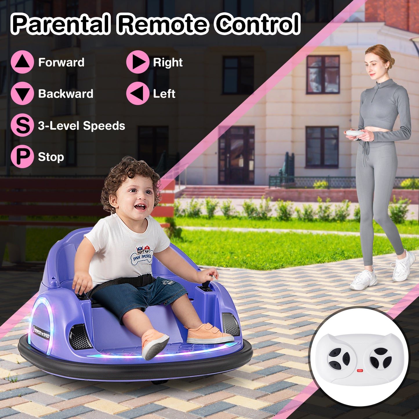 12V 360° Ride on Bumper Car for Toddlers with Remote Control-Purple