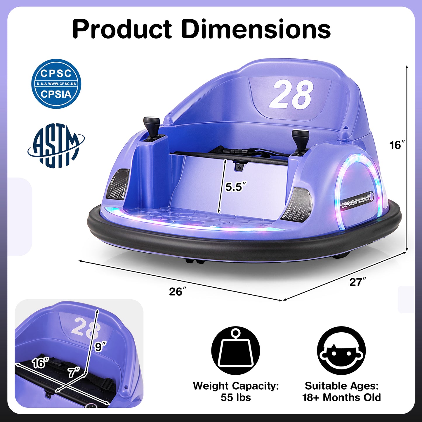 12V 360° Ride on Bumper Car for Toddlers with Remote Control-Purple