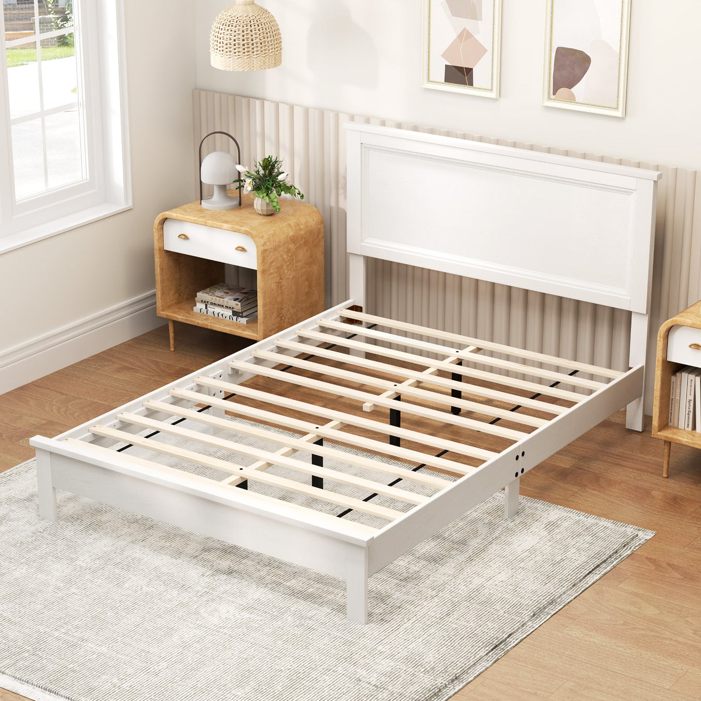 Full Size Platform Slat Bed Frame with High Headboard-White Kids Crystal