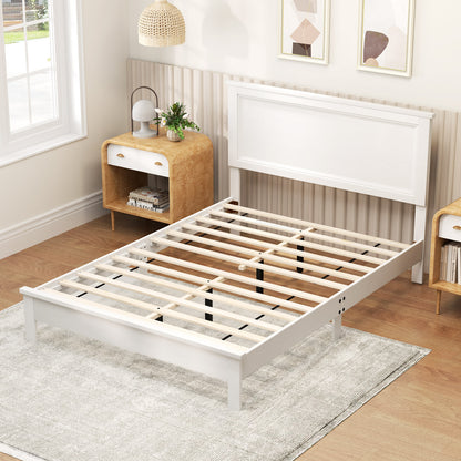 Full Size Platform Slat Bed Frame with High Headboard-White