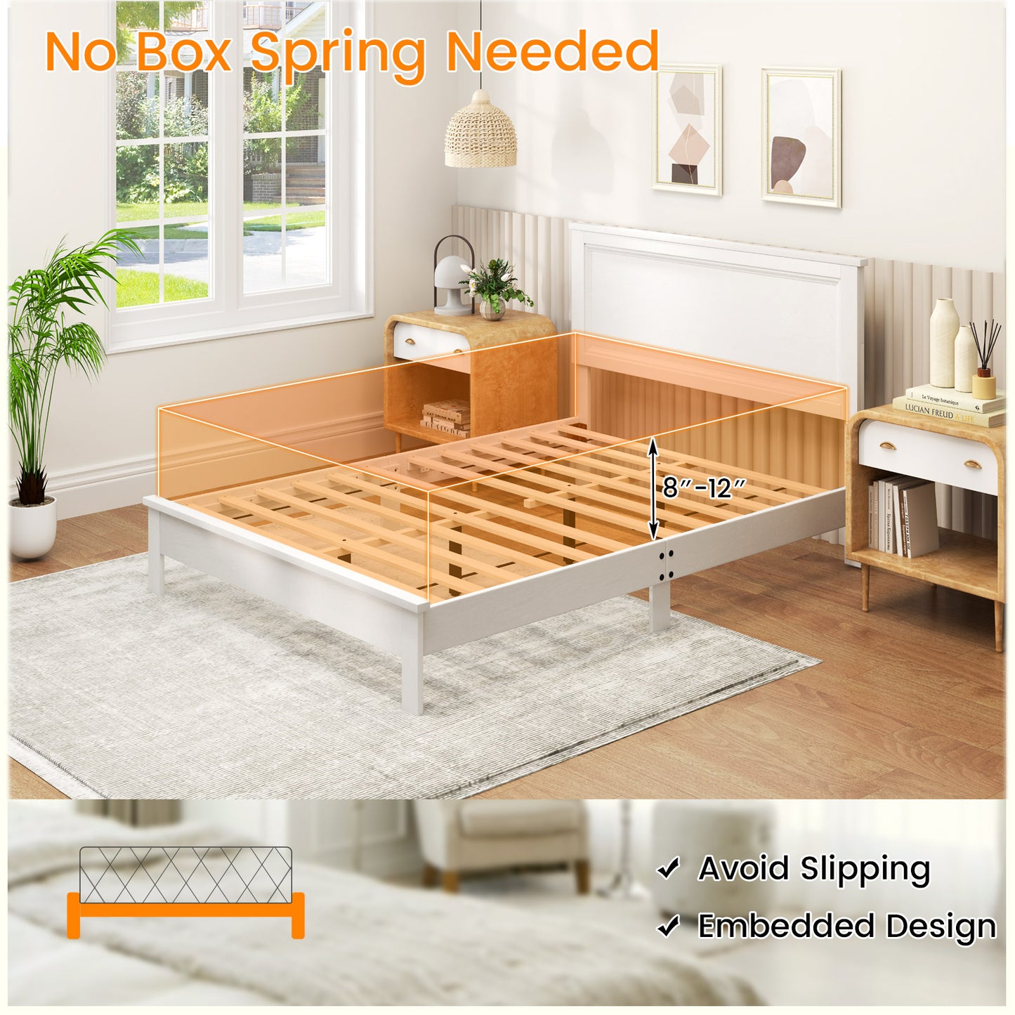 Full Size Platform Slat Bed Frame with High Headboard-White Kids Crystal