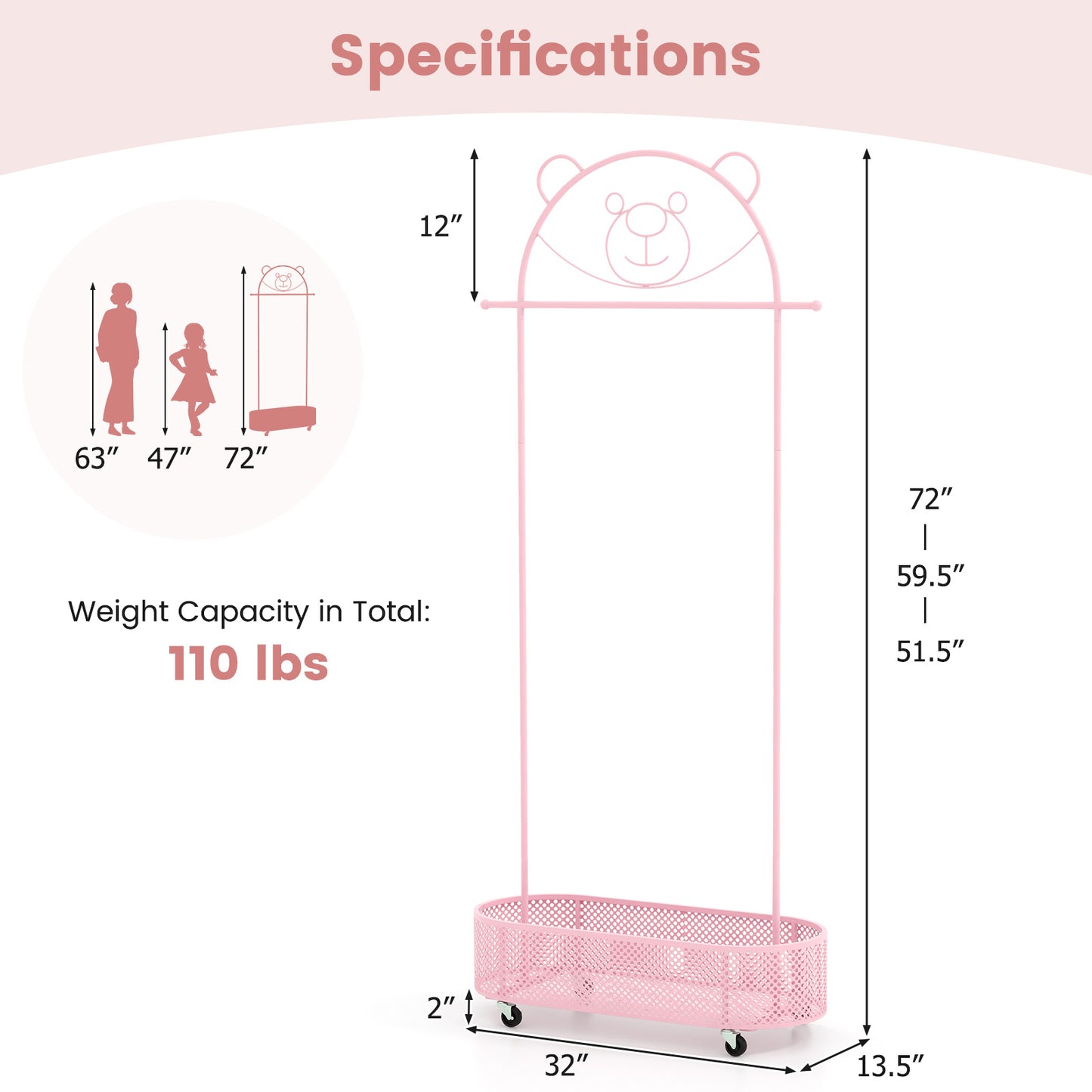 Kid Clothes Rack with 3 Adjustable Heights and Wheels-Pink Kids Crystal