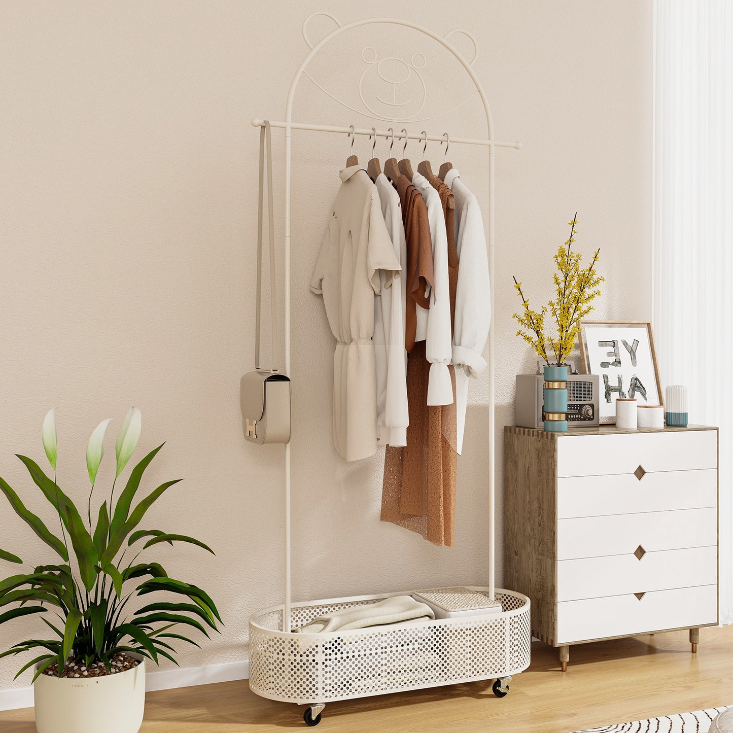Kid Clothes Rack with 3 Adjustable Heights and Wheels-White Kids Crystal