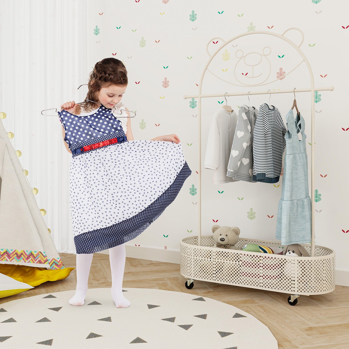 Kid Clothes Rack with 3 Adjustable Heights and Wheels-White Kids Crystal