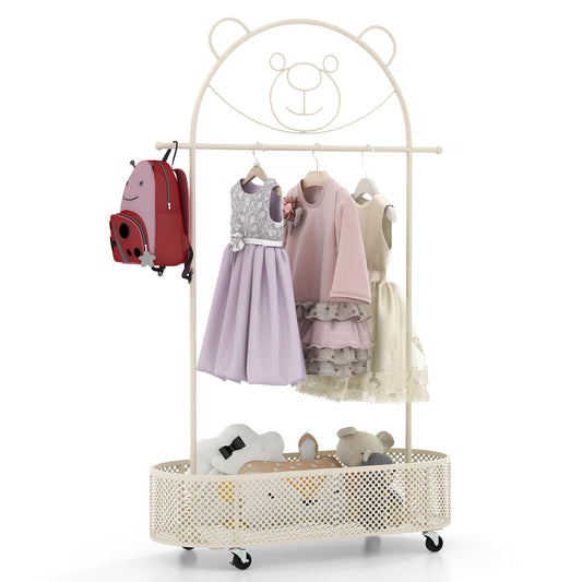 Kid Clothes Rack with 3 Adjustable Heights and Wheels-White Kids Crystal