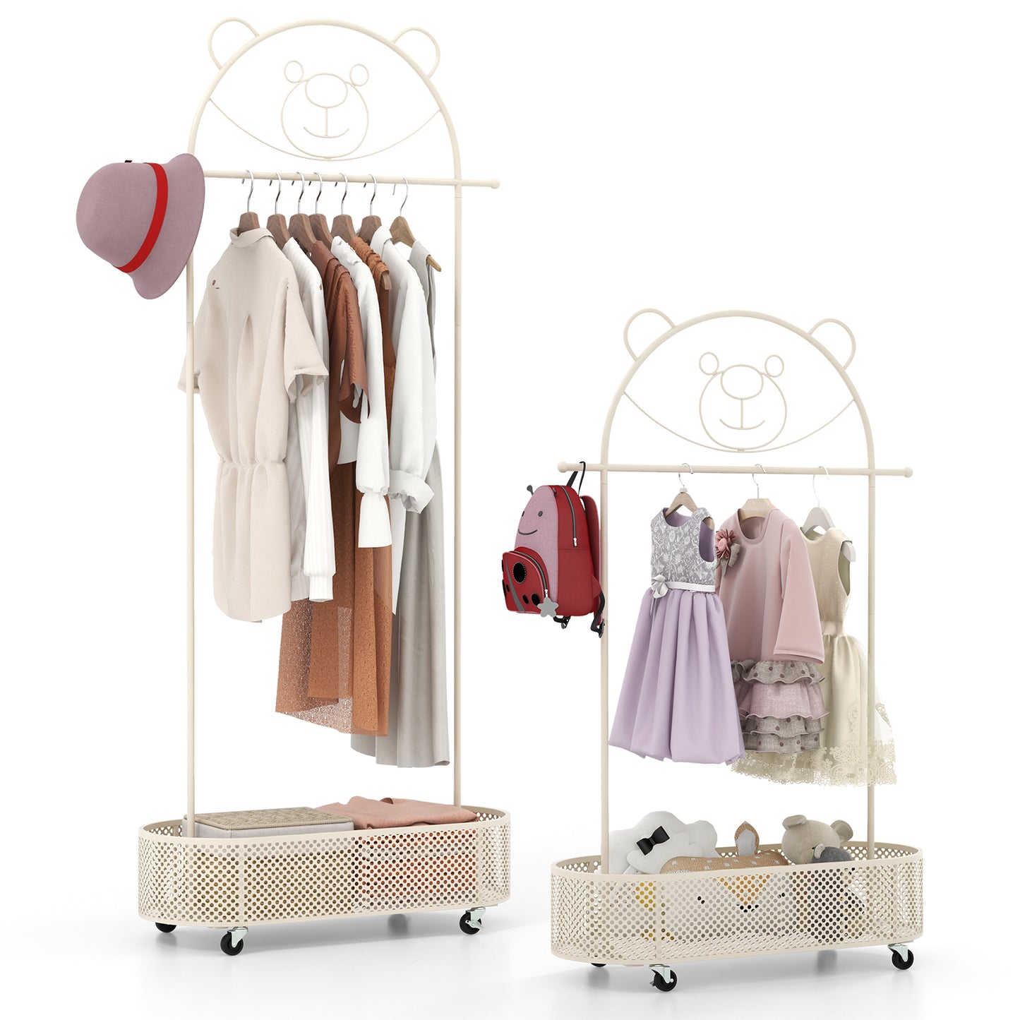 Kid Clothes Rack with 3 Adjustable Heights and Wheels-White Kids Crystal