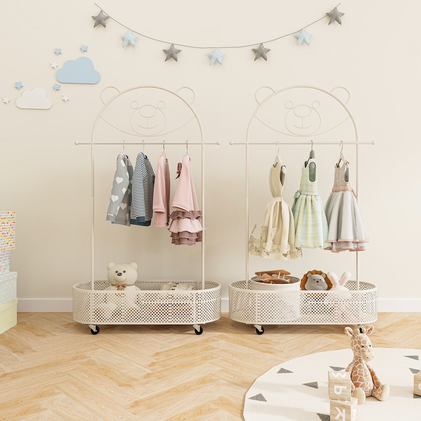 Kid Clothes Rack with 3 Adjustable Heights and Wheels-White Kids Crystal