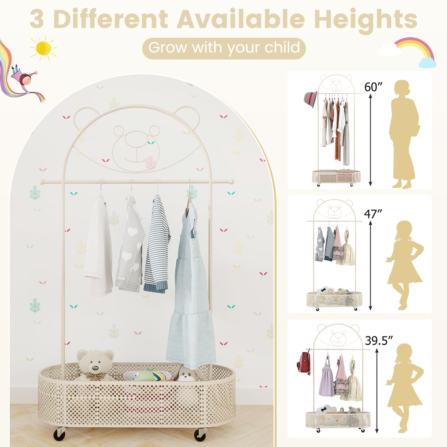 Kid Clothes Rack with 3 Adjustable Heights and Wheels-White Kids Crystal