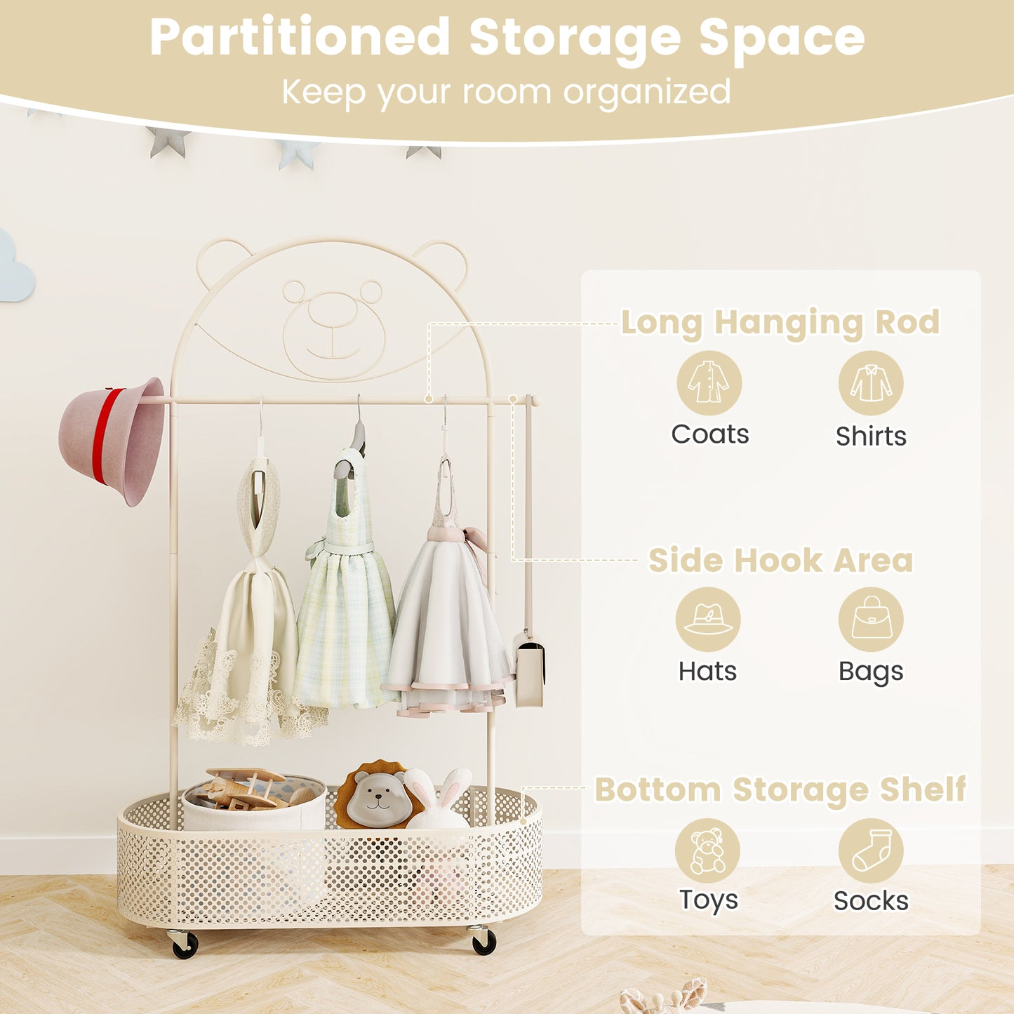 Kid Clothes Rack with 3 Adjustable Heights and Wheels-White Kids Crystal