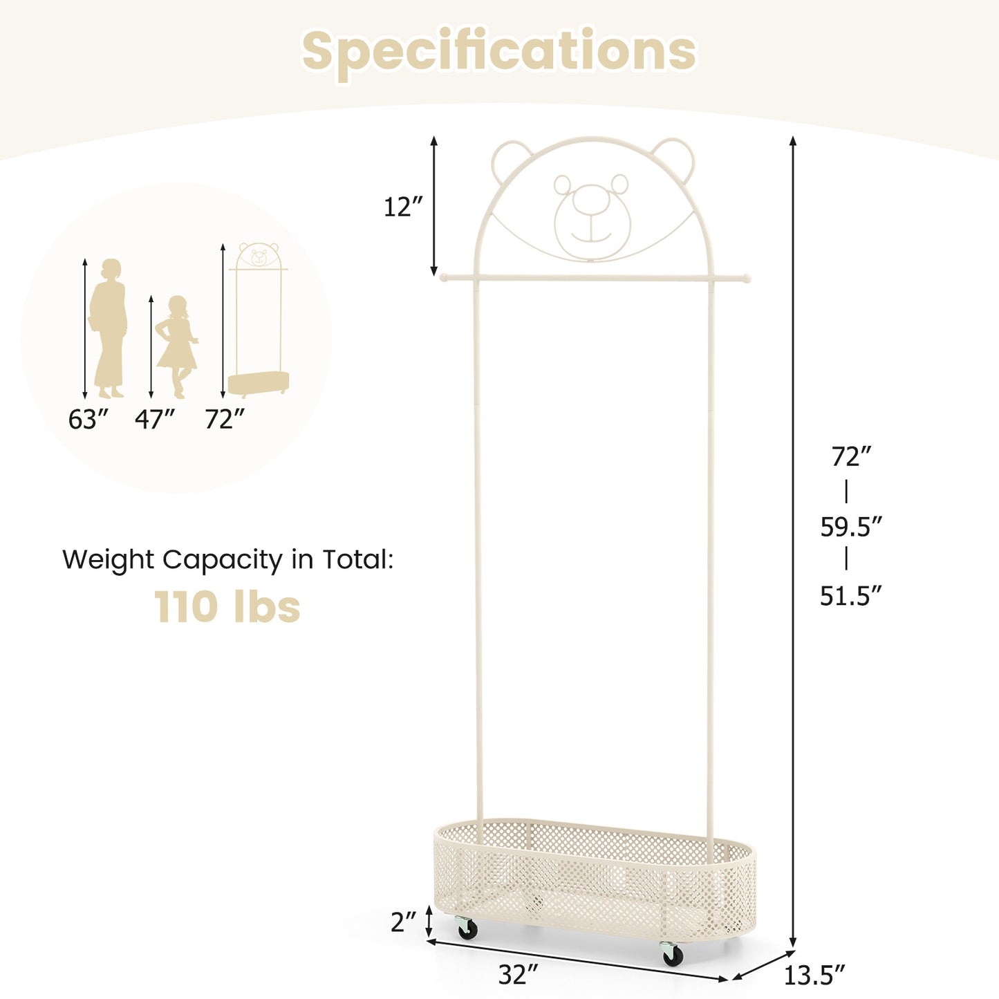 Kid Clothes Rack with 3 Adjustable Heights and Wheels-White Kids Crystal