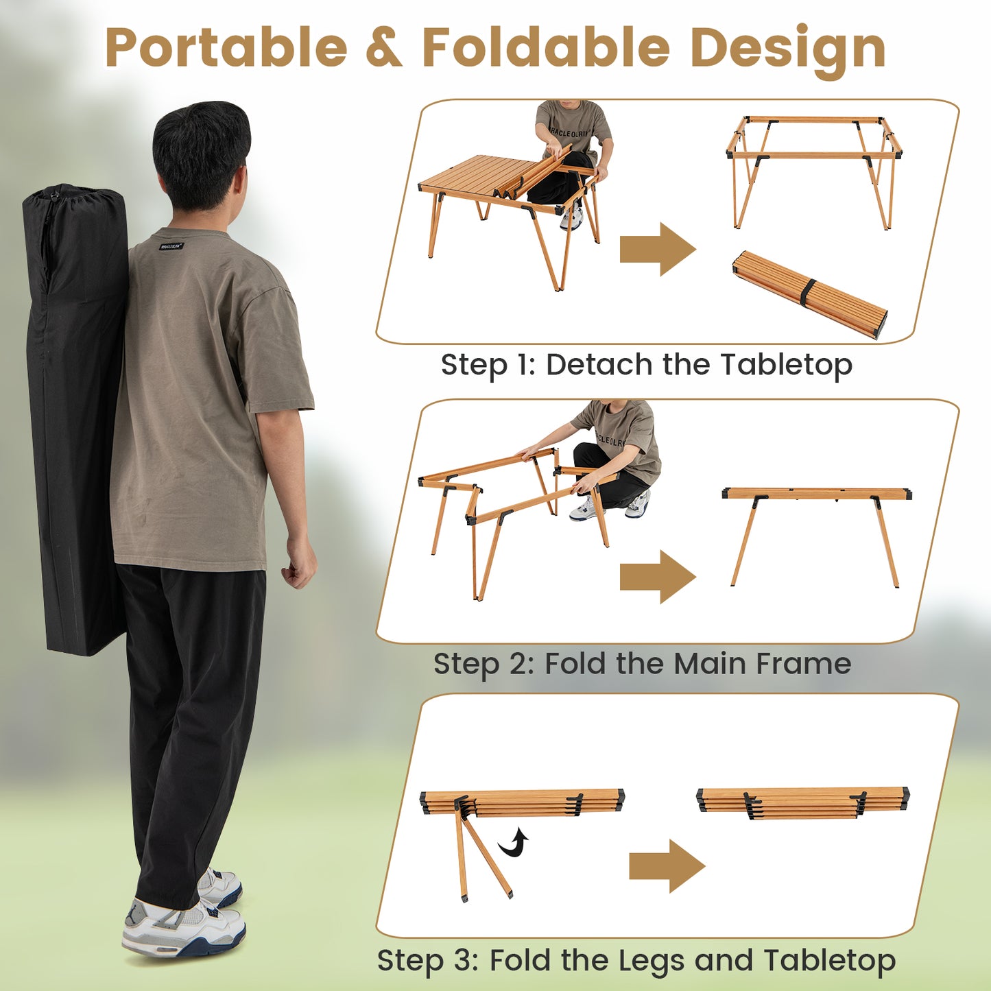 Folding Camping Table Picnic Table with Storage Bag and Waterproof Desktop-Brown Kids Crystal