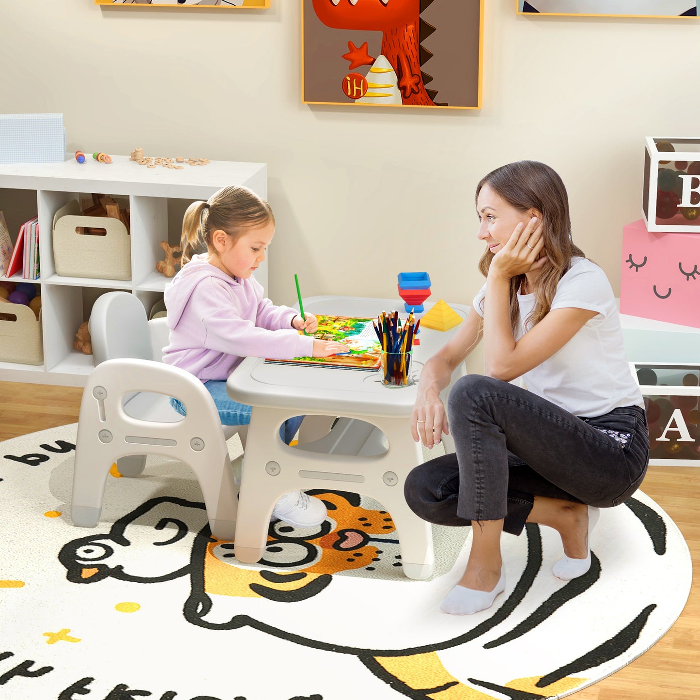 Kids Activity Table and Chair Set with Montessori Toys for Preschool and Kindergarten-Gray Kids Crystal
