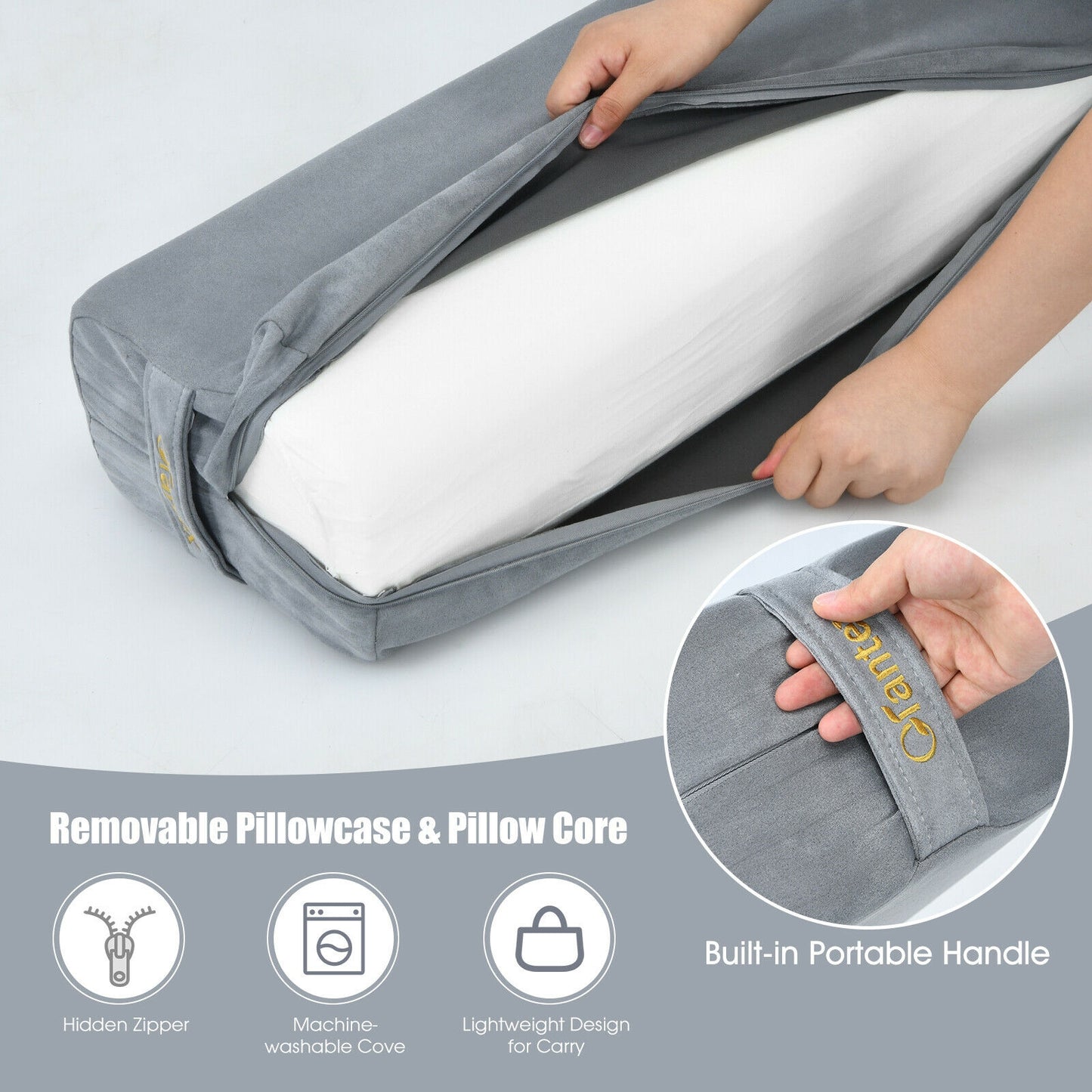 Yoga Bolster Pillow with Washable Cover and Carry Handle-Gray Kids Crystal