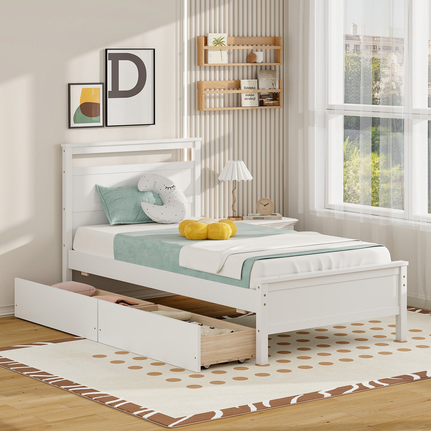 Twin Size Wooden Bed Frame with 2 Drawers for Teens and Adults-White Kids Crystal
